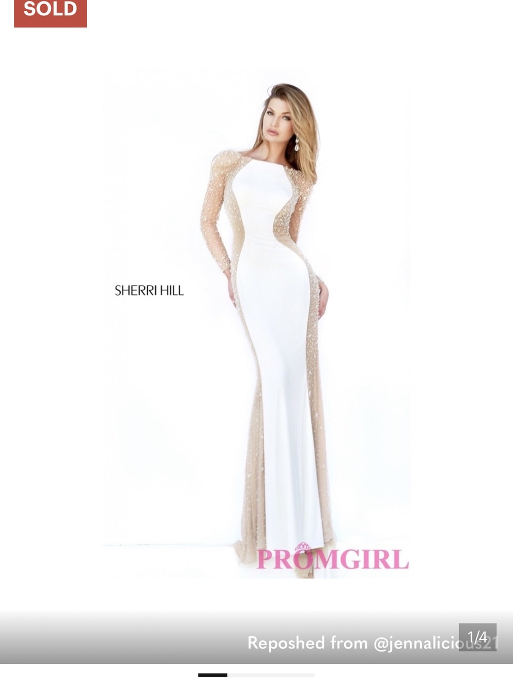 Sherri Hill White and Nude Beaded Illusion Sheath Gown